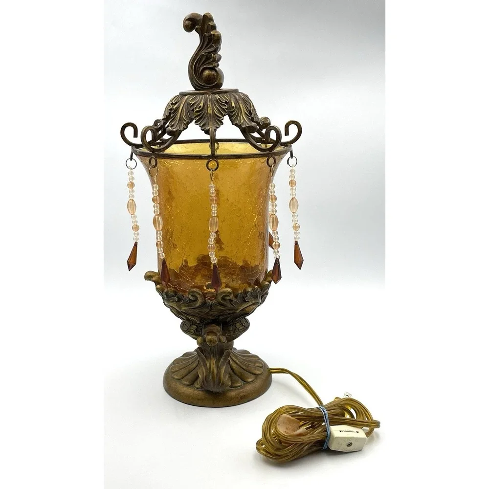 Vintage Bombay Company Bronze Amber Crackle Glass Beaded Table Lamp Tested/Works